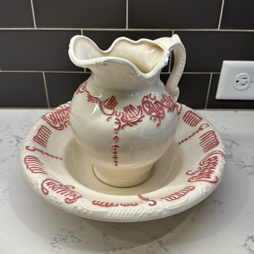 Vintage 2 Pc Arnel's Ceramic Floral Flowers Pitcher & Wash Bowl Basin